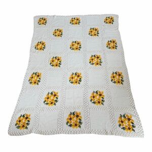 Vintage woven floral blanket gorgeous yellow flowers cream background